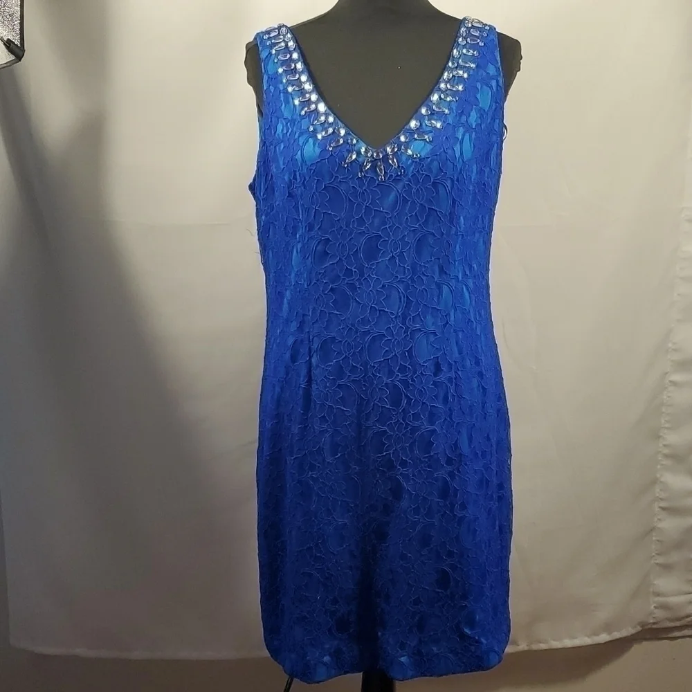 Adrianna Papell Hailey Blue Lace Evening Gown/Dress Size 14